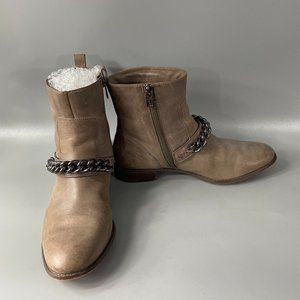 COACH Adella Light Tan Leather Chain Detail Ankle Boots, Size 7.5 B